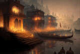 Fototapeta Londyn - AI generated image of Varanasi or Banaras town at night, viewed from the banks of the river Ganga
