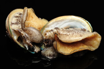 Wall Mural - Raw abalones on the black background 
