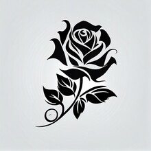  A Black Rose Tattoo Design On A White Background With A Shadow Of The Flower And Leaves On The Side. Generative AI