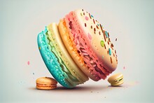  A Colorful Macaroon Falling Down On The Ground With A Bite Out Of It's Side And A Few Other Macaroons On The Ground.