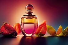  A Bottle Of Perfume Next To A Fruit On A Table With Leaves And A Pomegranate On It.