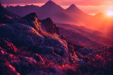  A Mountain Range With A Sunset In The Background And A Red Sky In The Foreground With A Few Clouds.