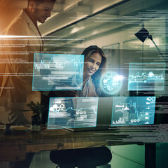 Aufkleber - Business people, teamwork or consulting cloud computing, hologram or futuristic 5g UX tech for networking, analytics or big data strategy. Network, AI or digital information computer for big data iot