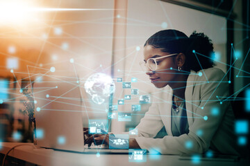 Poster - Business woman, AI and laptop with hologram, UX and networking for forex trading icon in office using virtual platform. Female using global technology for futuristic communication and innovation