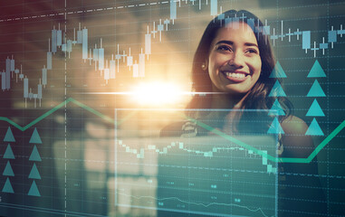Aufkleber - Laptop, trading overlay and business woman with finance statistics, digital marketing data and company profit revenue in technology innovation lens flare. Success, invest or trader stock market graph