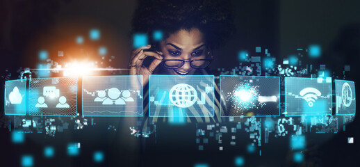 Leinwandbilder - Woman, networking and ai technology hologram of virtual icons for business or social communication at night. Excited female using big data, futuristic UI and UX for internet connections at the office