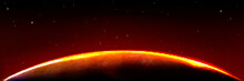 Mars Alien Planet Edge In Sunrise Light On Black Sky With Shining Stars. Outer Space Background, Planet Globe With Red Glow, Luminous Atmosphere On Horizon Border, Realistic 3d Vector Illustration