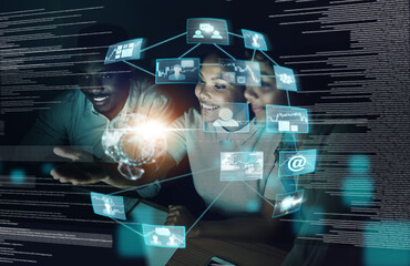 Fototapete - Business people, IoT and virtual hologram in team collaboration with big data, technology and night at office. Group of employee developers in digital networking, communication and fintech at work
