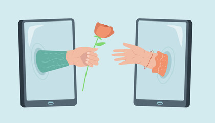 Hands of boyfriend and girlfriend coming out of smartphones. Lovers using dating app, male hand holding rose flat vector illustration. Love, romance, online dating, technology concept for banner