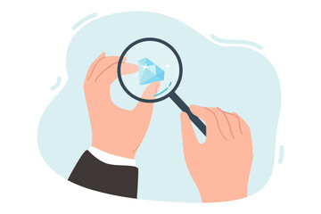 Wall Mural - Hands of jeweler holding diamond and magnifying glass. Man studying gem under magnifier flat vector illustration. Jewelry, luxury, evaluation concept for banner, website design or landing web page