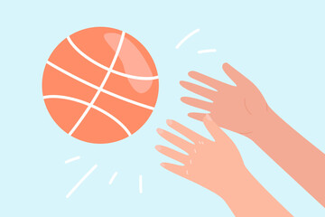 Wall Mural - Hands throwing or catching basketball ball on blue background. Person playing team sports game flat vector illustration. Sports, active lifestyle, competition concept for banner or landing web page