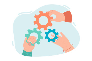 Wall Mural - Hands of office workers holding gears. Business persons with mechanism parts flat vector illustration. Teamwork, development, cooperation concept for banner, website design or landing web page