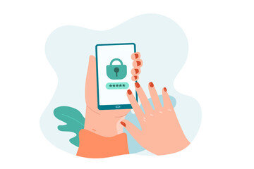 Poster - Female hand entering password on smartphone. Hand of person holding phone with lock on screen flat vector illustration. Technology, privacy, protection concept for banner or landing web page