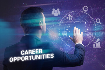 Wall Mural - Business, technology, internet and network concept. Young businessman thinks over the steps for successful growth: Career opportunities