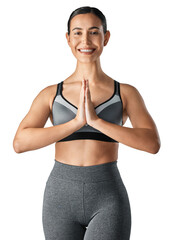 Wall Mural - Studio portrait of a sporty young woman meditating isolated on a transparent png background