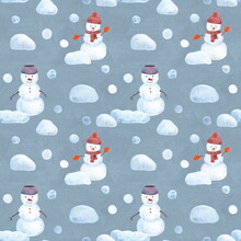 Seamless Winter Pattern On A Grey Background. Hand Drawn Watercolor Snowmen, Snow, Snowfall, Snowdrifts, Winter Weather. For The Design Of Children's Fabrics, Christmas Gifts And Wrapping Paper.