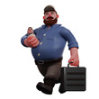  3D illustration. 3D Cartoon illustration of Super Dad character having a suitcase with a baby in his hands. walk with a smile. has a cute thick mustache. 3D Cartoon Character