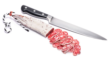 Wall Mural - Spanish Fuet thin dried salami sausage isolated on a white background