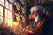 AI generated image of an old watchmaker at work in his shop	
