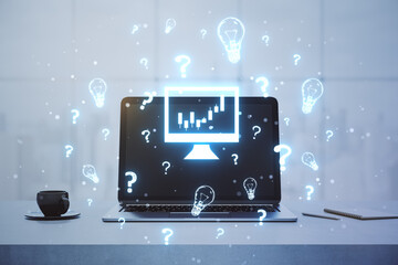 Canvas Print - financial data analysis concept. close up of white office desktop with coffee cup, laptop, glowing m