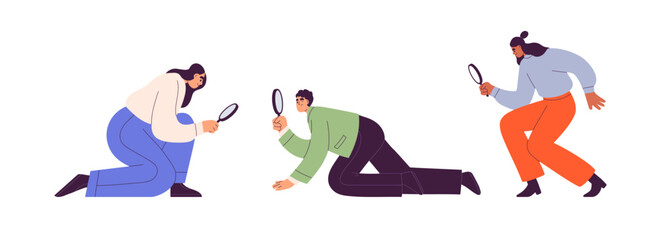 Wall Mural - people searching, looking with magnifying glass, lens. characters with loupes, magnifiers investigat