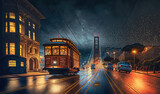 AI generated image of a twilight view of historic Cable Cars riding across San Francisco, California, USA	