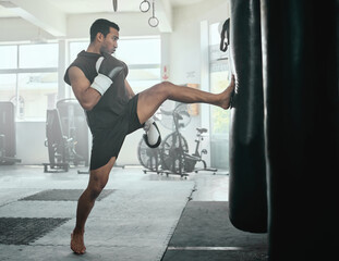 Poster - Male athlete kicking a punching bag in a gym while practicing, training and fitness exercise. Strong professional fighter or athletic man in a health and wellness club busy with a combat workout