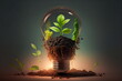 Light bulb is located on the soil, and plant are growing with growth graph, Renewable energy generation is essential in the future, Alternative sources of energy, Green energy development