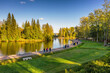 Vyborg, Monrepos Park, tourists on the path of the park opposite Ludwigstein Island. Aerial view.