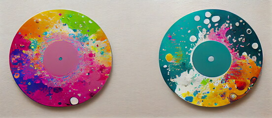 Wall Mural - Colorful blobs of paint and circles. Digital graphic with white background.