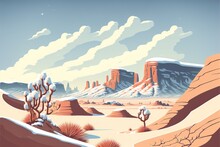 Desert Valley Landscape Covered In Snow, Towering Sandstone Rock Formation Cliffs, Distant Mountains And Cold Winter Clouds - Vector Cartoon Stylized Art.