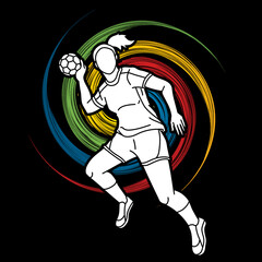  Handball Sport Woman Player Action Cartoon Graphic Vector