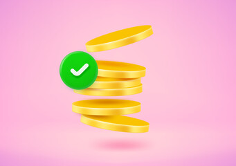 Aufkleber - Checkmark and gold coins. 3d vector illustration