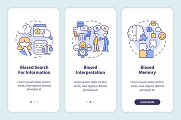 Wall Mural - types of confirmation bias onboarding mobile app screen. walkthrough 3 steps editable graphic instru