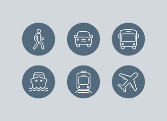 Transport icons. Walk man, Bike, Airplane, Public bus, Train, ShipFerry, and auto signs. Shipping symbol. Air mail delivery sign. Vector