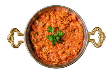 Wall Mural - Turkish traditional menemen dish made with eggs, onions, peppers and tomatoes on white background