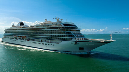 large luxury and high-class white cruise ship viking norway sailing in the ocean of thailand travel and spa in summer,