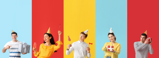 Poster - Collage of carefree people celebrating Birthday on color background