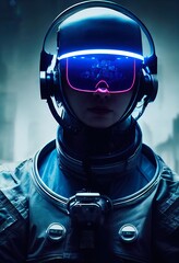 Wall Mural - A fictional person, not based on a real person. Portrait of an fictional astronaut in a spacesuit. High-tech astronaut from the future. The concept of space travel. . Generative AI