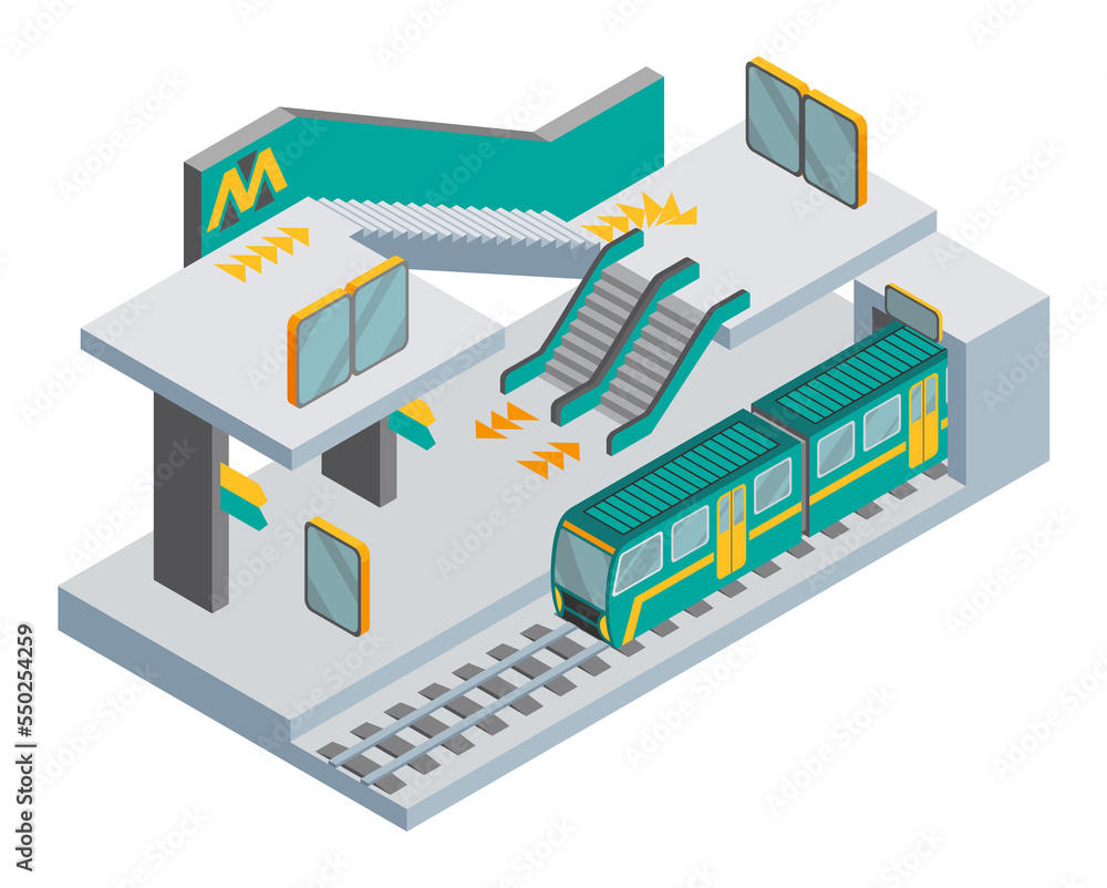 Subway Platform Design Isometric subway station concept. Platform, train, escalator and ...