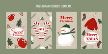 Set Of Christmas Templates For Instagram Coniferous Twigs Twigs With Berries Snowman In A Hat Warm Sweater Socks And Cups With Hot Cocoa