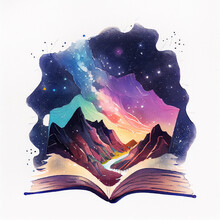 Concept Of An Open Magic Book Open Pages Space, Milky Way, Mountains. Fantasy, Nature Or Learning Concept, With Copy Space