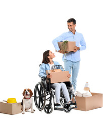 Sticker - Young man with his wife in wheelchair, moving boxes and dog on white background