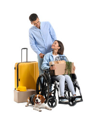 Sticker - Young man with his wife in wheelchair, moving boxes, suitcase and dog on white background