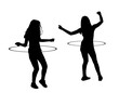 © dovla982 - Attractive teen girls couple exercising with a hula hoop vector silhouette illustration isolated on white. Handsome woman funny hula hoop toy dancing losing weight. Lady workout with sport tool in gym