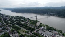 Aerial Shot Of Mid Hudson Brigde Spanning Hudson River Between Poughkeepsie And Highland. Establishing Shot 