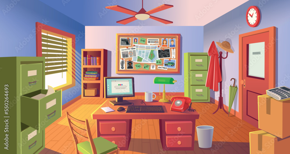 Detective room. Police office with evidence board. Investigations room ...