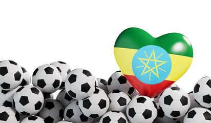 Wall Mural - Ethiopia flag heart with a soccer ball background. Football banner. 3D Rendering