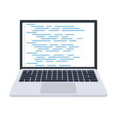 Web developer, design, programming. Laptop screen code. Vector.