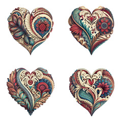 set of bohemian style hearts on translucent background